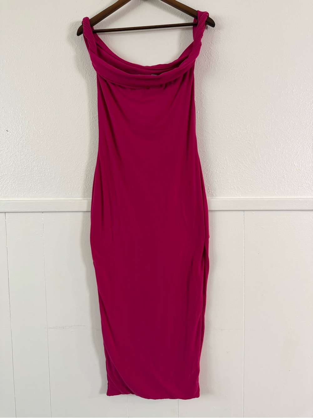Club L London Dress US 8 Hot Pink Cowl Neck Twist Strap Bodycon Midi Stretch